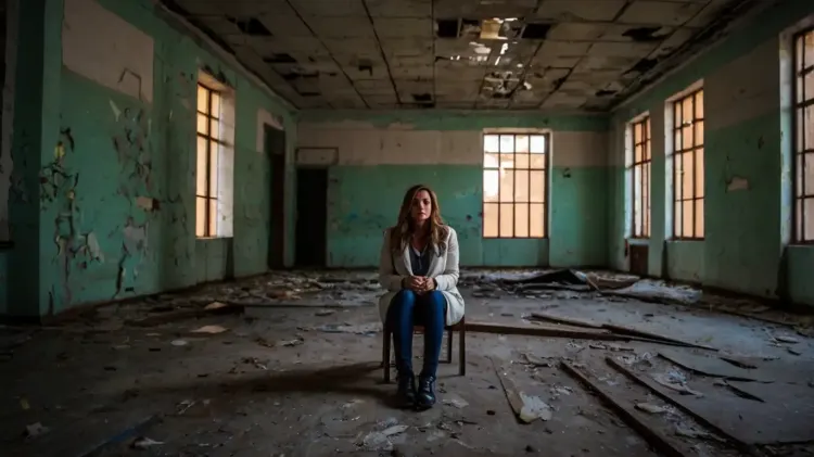 mujer sentada en un edifio abandonado